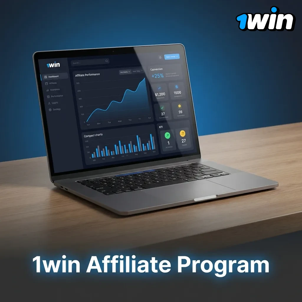 1win Affiliate Program dashboard showing revenue share percentages, marketing tools, and real-time statistics tracking