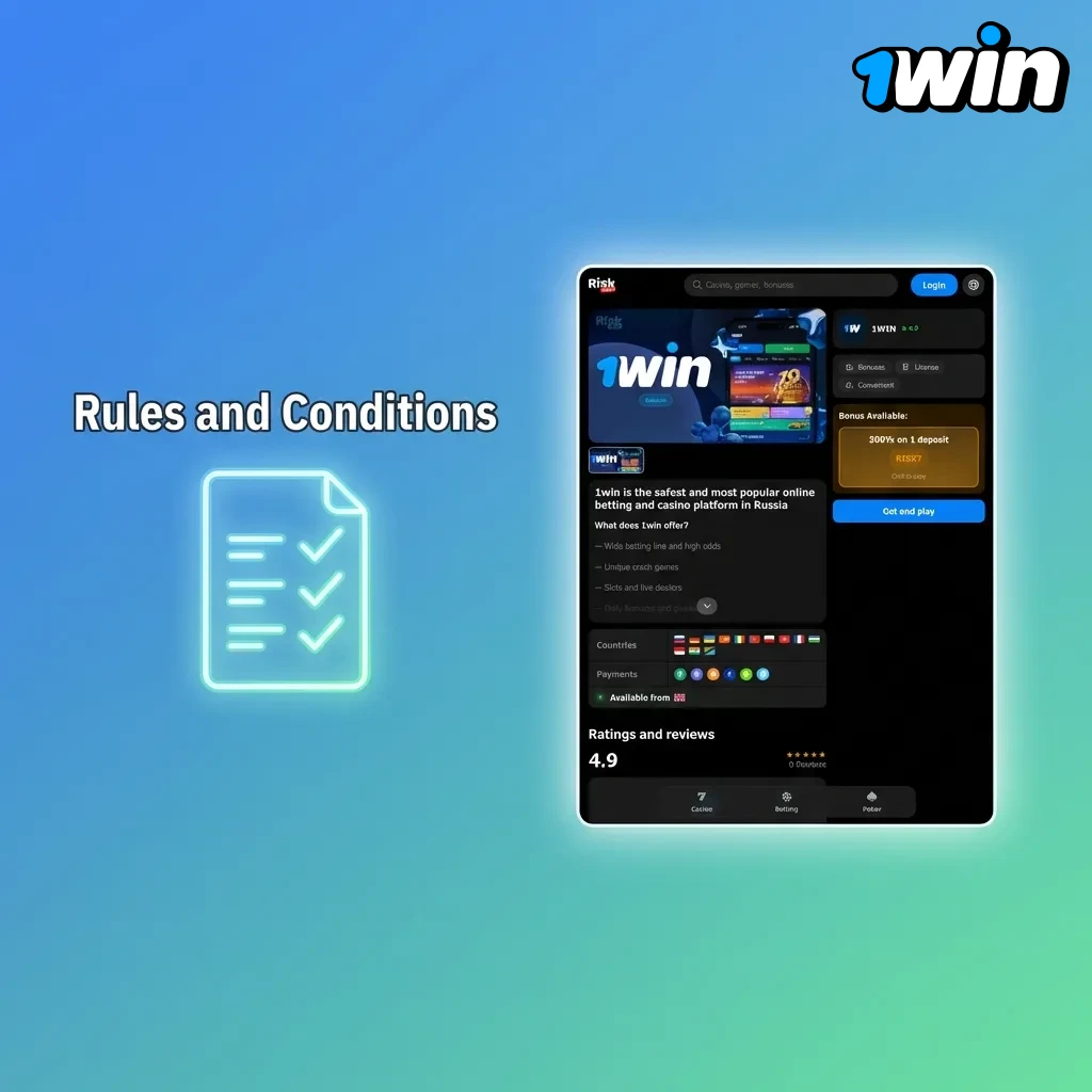 1win platform rules and conditions page displaying registration requirements and account usage policies