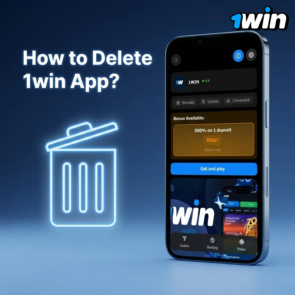 Person uninstalling 1win betting app from smartphone by long-pressing app icon on home screen