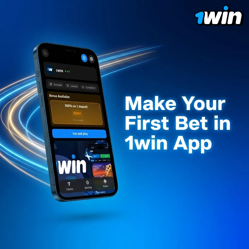 Person placing first sports bet on 1win mobile app interface with odds and bet slip visible